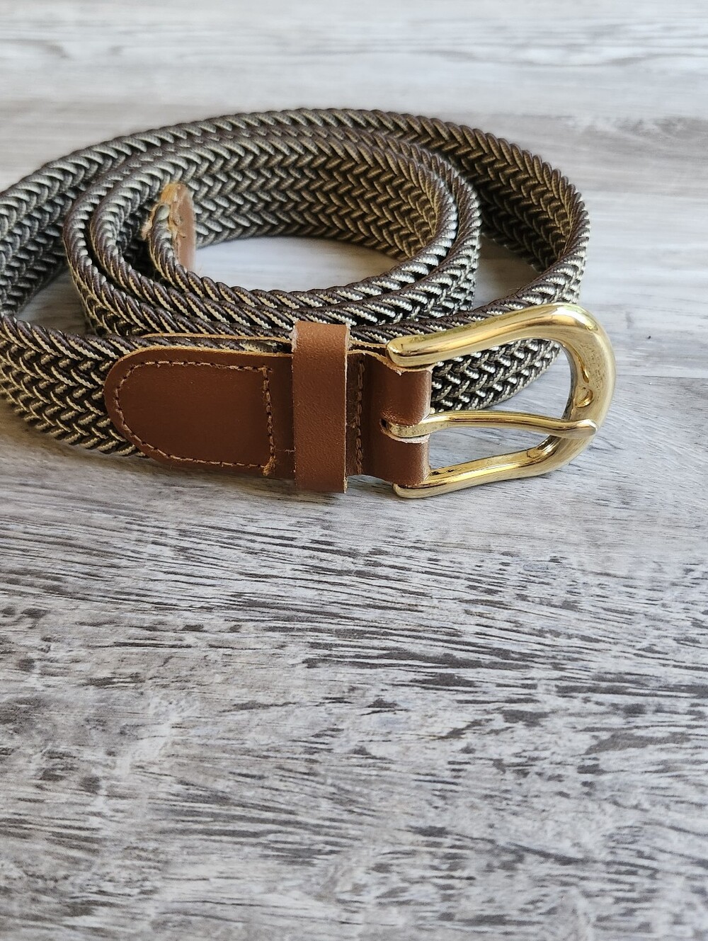 Braided Stretch Belt Mens 34-36 Brown Beige Gold Buckle Leather Trim New